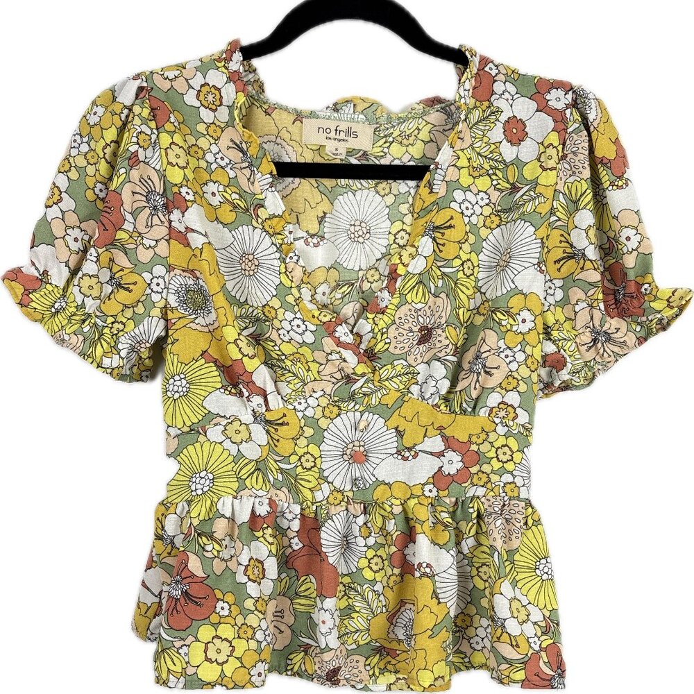 No Frills Los Angeles Blouse Top Women's Small‎ Floral Peplum Puff Sleeve V-Neck